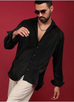 Campus Sutra Men's Midnight Black Pleat-Creased Shirt  - Image 1