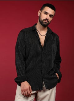 Campus Sutra Men's Midnight Black Pleat-Creased Shirt  - Image 2