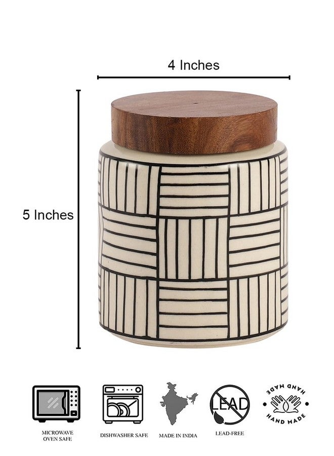 Miah Decor Ceramic Jars For Kitchen Storage With Wooden Lid Handpainted Line Design Tea Coffee Sugar Pickle Spices Stoneware Canister Food Storage Jar Box With Airtight Silicone Seal-Pack Of 1-780 Ml - Image 4