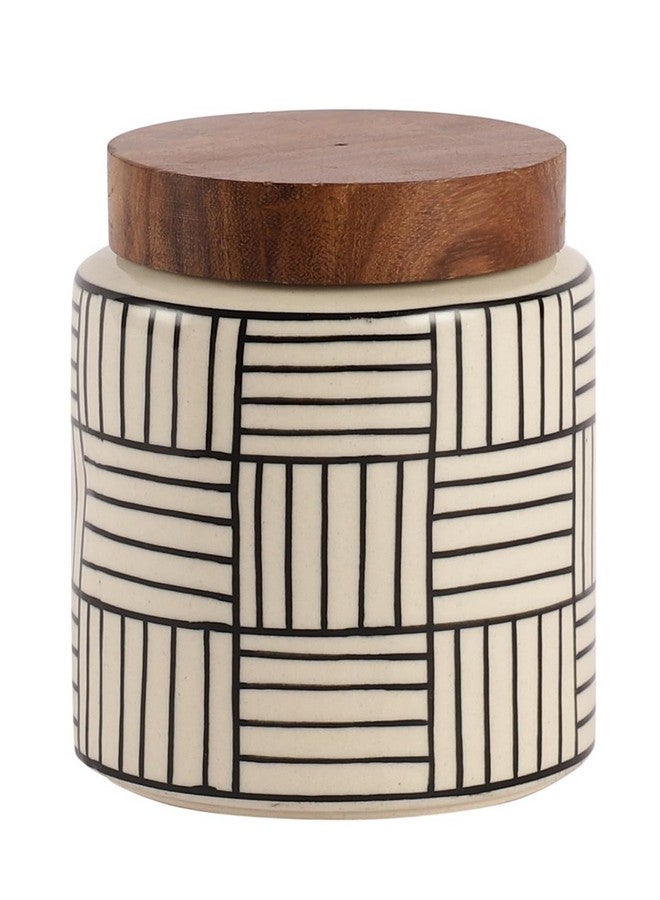 Miah Decor Ceramic Jars For Kitchen Storage With Wooden Lid Handpainted Line Design Tea Coffee Sugar Pickle Spices Stoneware Canister Food Storage Jar Box With Airtight Silicone Seal-Pack Of 1-780 Ml - Image 3