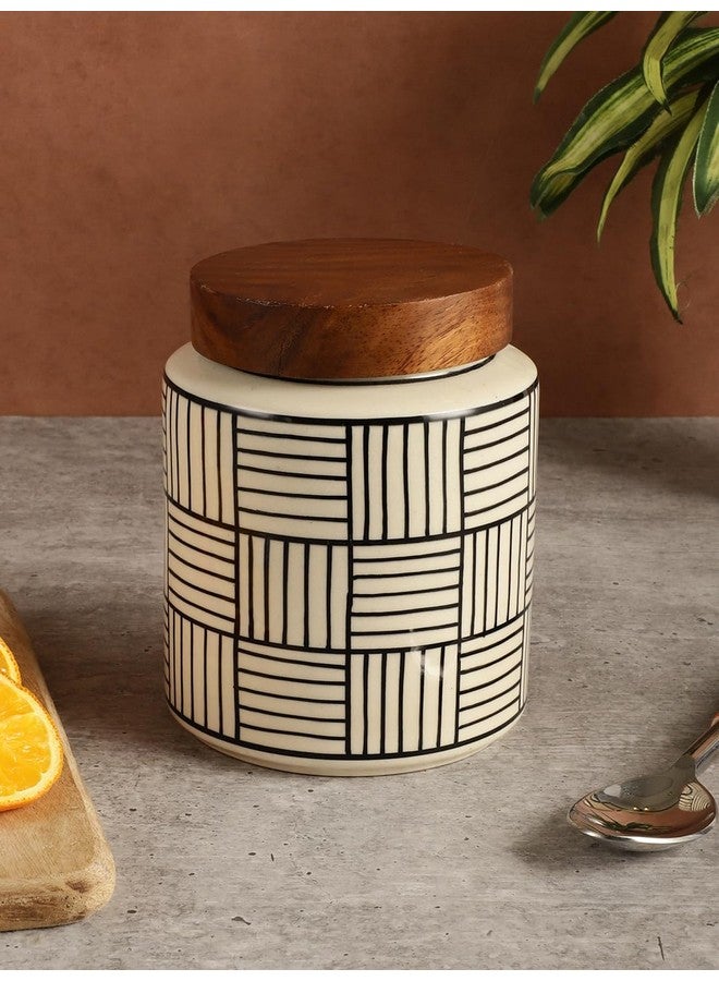 Miah Decor Ceramic Jars For Kitchen Storage With Wooden Lid Handpainted Line Design Tea Coffee Sugar Pickle Spices Stoneware Canister Food Storage Jar Box With Airtight Silicone Seal-Pack Of 1-780 Ml - Image 1