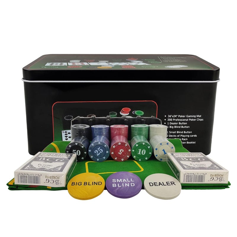 Niku Adult Casino Style 200 Pcs Poker Chips Set in a Tin Case, 2 Decks of Cards, 1 Dealer Button, 1 Big Blind Button, 1 Small Blind Button, 36" x 24" Playing Mat (Classic Multiplayer Game) - Image 3