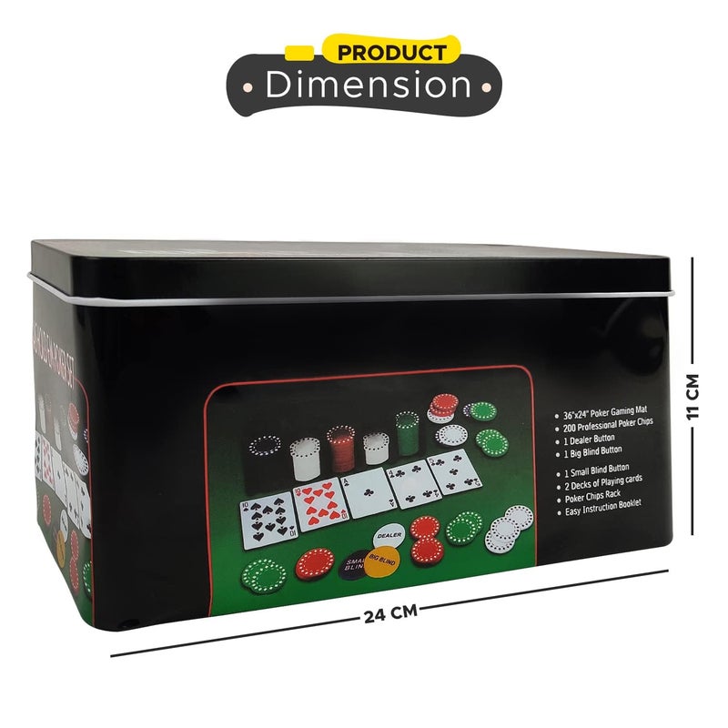 Niku Adult Casino Style 200 Pcs Poker Chips Set in a Tin Case, 2 Decks of Cards, 1 Dealer Button, 1 Big Blind Button, 1 Small Blind Button, 36" x 24" Playing Mat (Classic Multiplayer Game) - Image 4