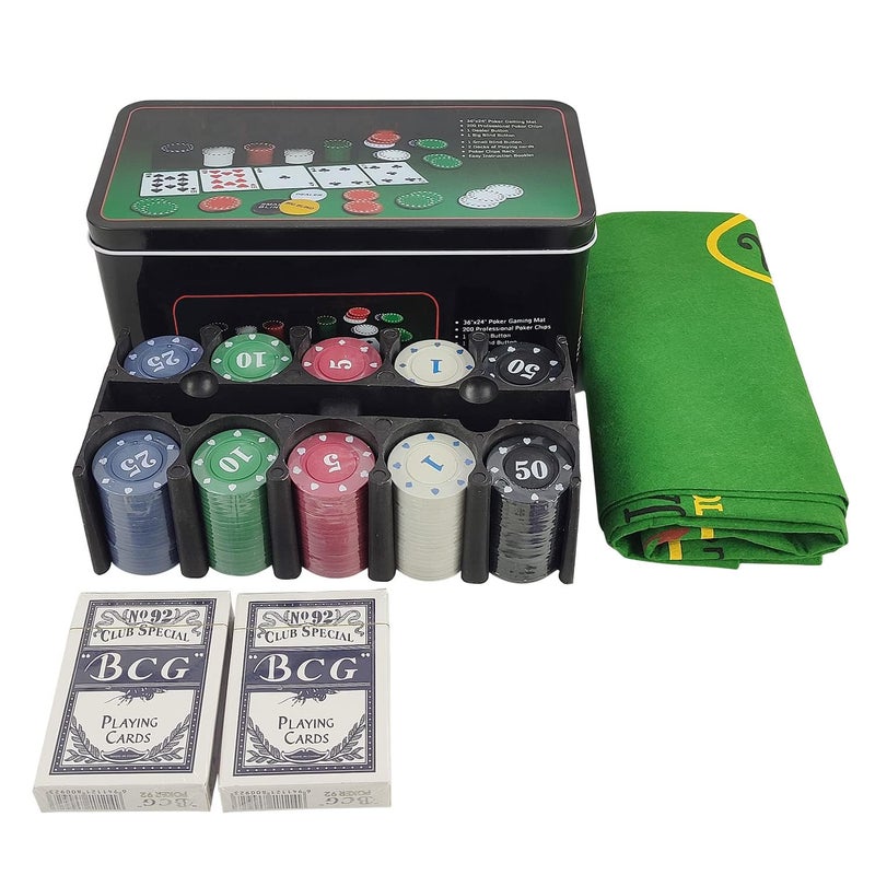 Niku Adult Casino Style 200 Pcs Poker Chips Set in a Tin Case, 2 Decks of Cards, 1 Dealer Button, 1 Big Blind Button, 1 Small Blind Button, 36" x 24" Playing Mat (Classic Multiplayer Game) - Image 1