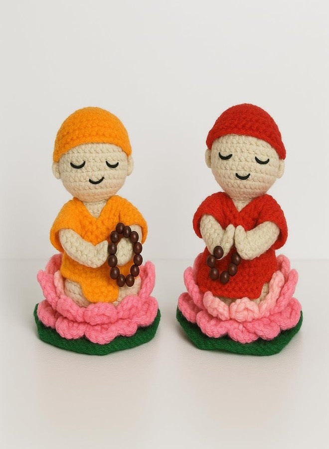 Sutra Hand Knitted Buddha Monk Set | Elegant Red & Yellow Stuffed Amigurumi | Peaceful Woolen Buddha Monk Toy Gift for Baby Girls & Boys - Image 1