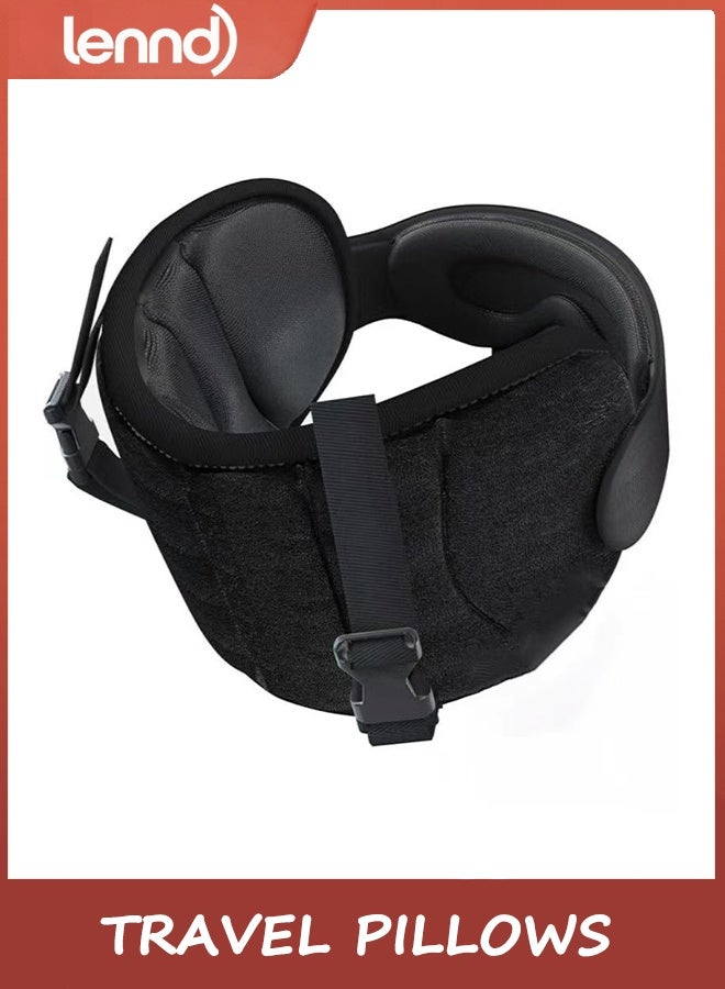 LENND Travel Pillows for Airplanes, Airplane Pillow for Long Flight, Airplane Head Strap with Eye Mask for Sleep, Travel Neck Pillow for Car Road Trip, 360° Support Headrest, Stop Bobblehead, Black - Image 1