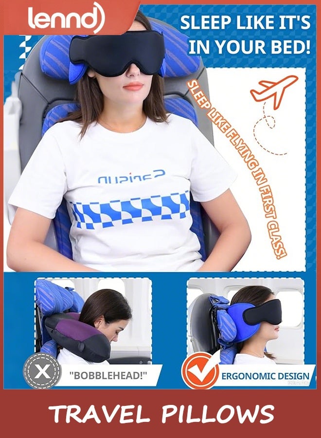 LENND Travel Pillows for Airplanes, Airplane Pillow for Long Flight, Airplane Head Strap with Eye Mask for Sleep, Travel Neck Pillow for Car Road Trip, 360° Support Headrest, Stop Bobblehead, Black - Image 2
