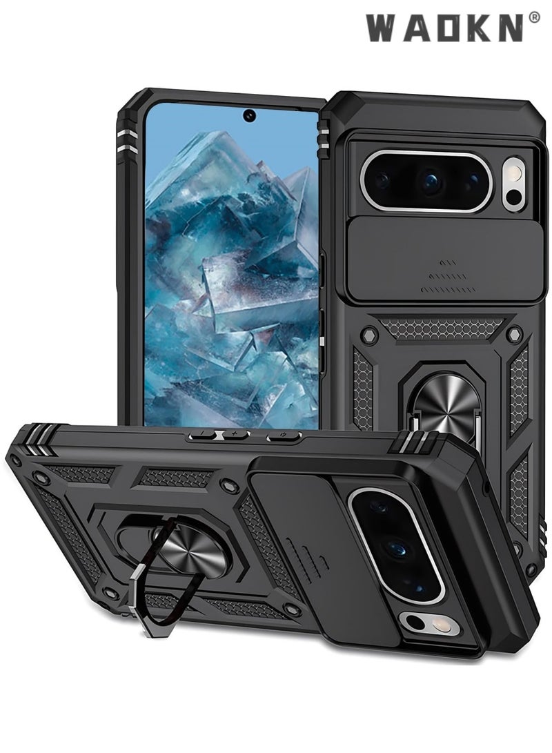 WAOKN for Google pixel 8 pro case - Shockproof Cases - Anti-Fall Drop Protection - Built-in Slide Anti-Scratch Camera Lens Cover - Integrated 360 Degree Rotating Ring Kickstand Case for Google Pixel 8 Pro - Image 1