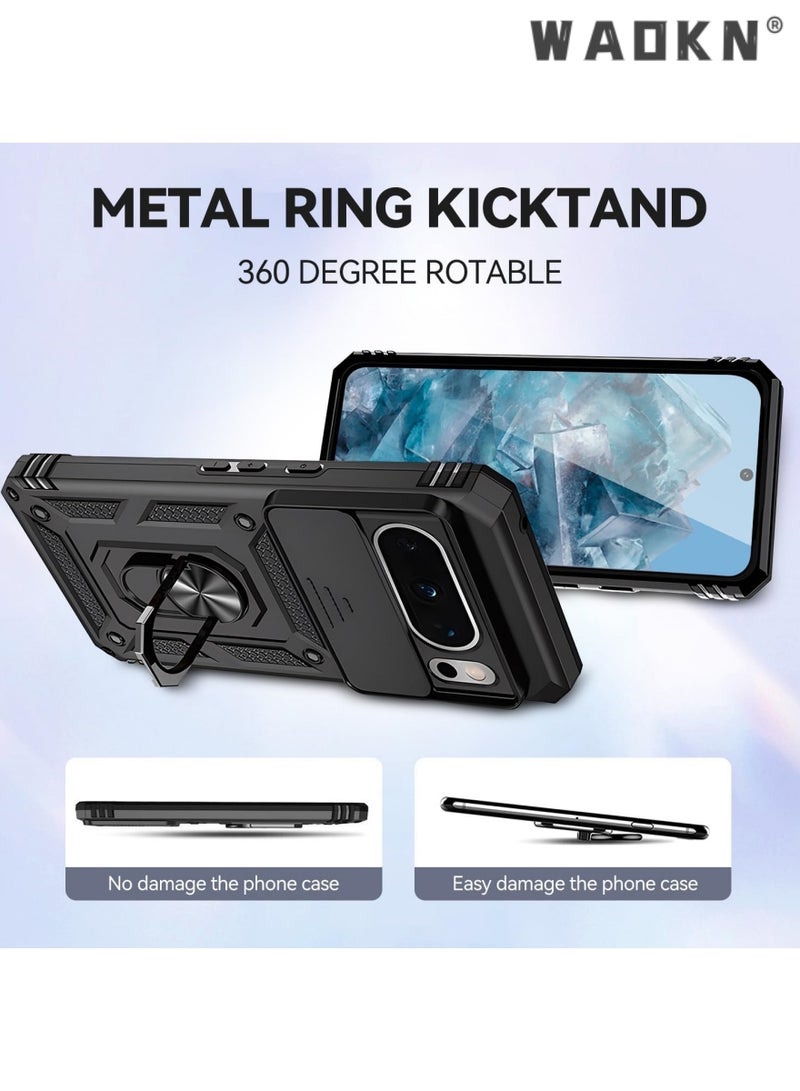 WAOKN for Google pixel 8 pro case - Shockproof Cases - Anti-Fall Drop Protection - Built-in Slide Anti-Scratch Camera Lens Cover - Integrated 360 Degree Rotating Ring Kickstand Case for Google Pixel 8 Pro - Image 3
