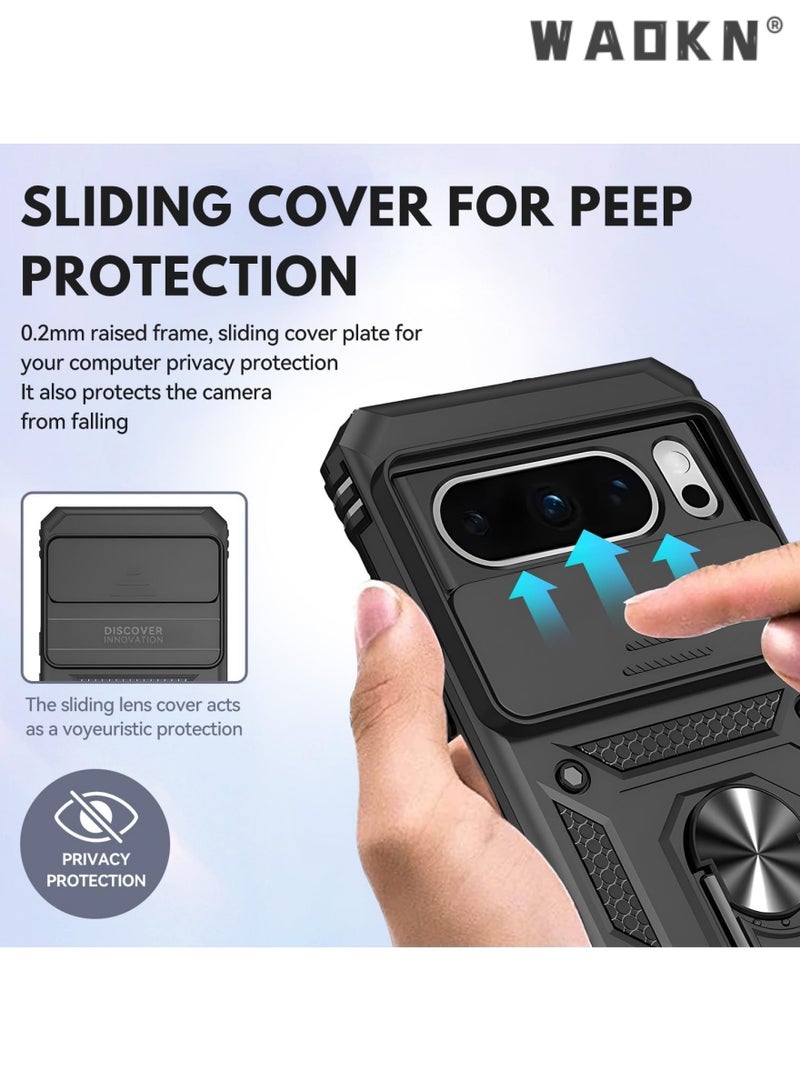 WAOKN for Google pixel 8 pro case - Shockproof Cases - Anti-Fall Drop Protection - Built-in Slide Anti-Scratch Camera Lens Cover - Integrated 360 Degree Rotating Ring Kickstand Case for Google Pixel 8 Pro - Image 5