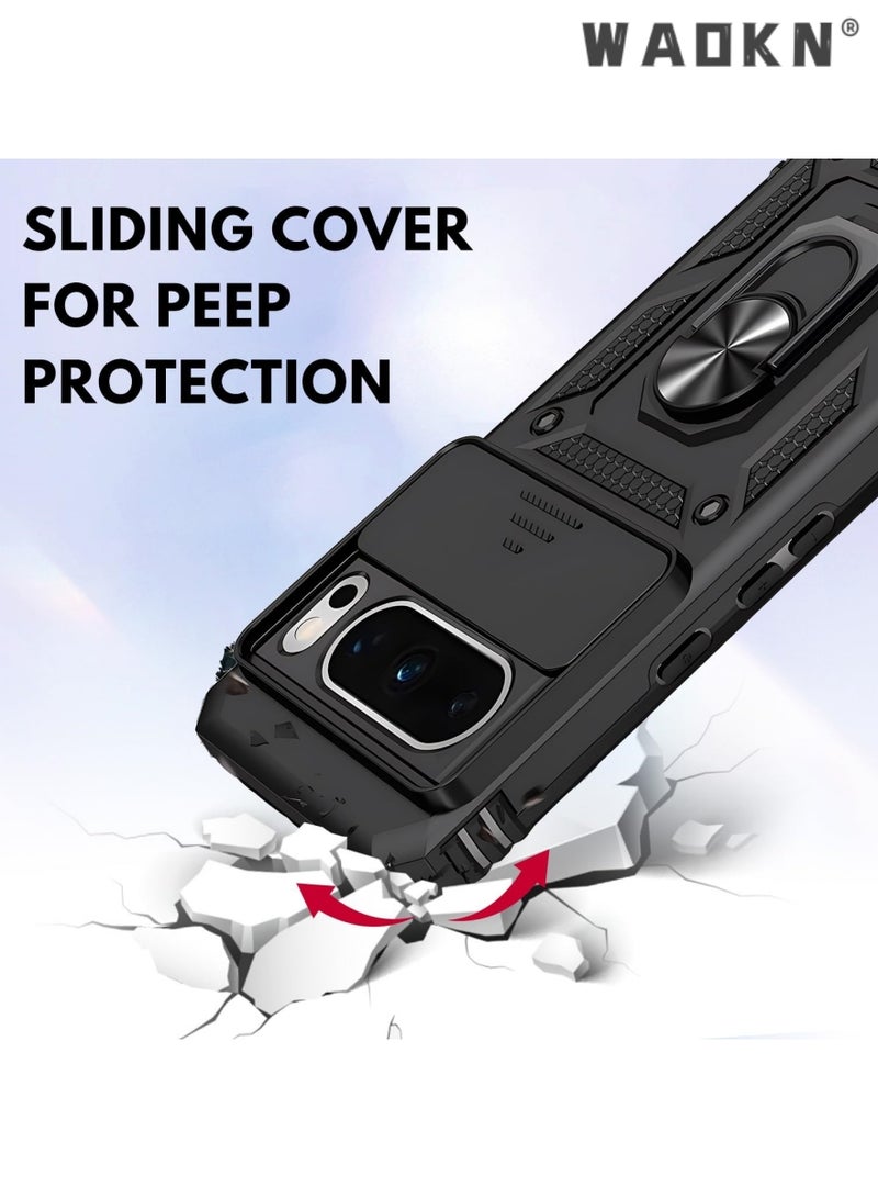 WAOKN for Google pixel 8 pro case - Shockproof Cases - Anti-Fall Drop Protection - Built-in Slide Anti-Scratch Camera Lens Cover - Integrated 360 Degree Rotating Ring Kickstand Case for Google Pixel 8 Pro - Image 4
