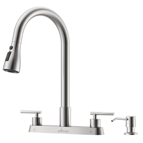 APPASO 2 Handle Kitchen Faucet with Sprayer 4 Hole Dual Handle Kitchen Faucet with Pull Down Sprayer and Soap Dispenser High Arc Stainless Steel for 3 4 Hole Sink Brushed Nickel - Image 1