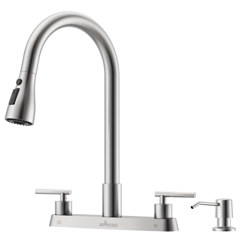 APPASO 2 Handle Kitchen Faucet with Sprayer 4 Hole Dual Handle Kitchen Faucet with Pull Down Sprayer and Soap Dispenser High Arc Stainless Steel for 3 4 Hole Sink Brushed Nickel - Image 2