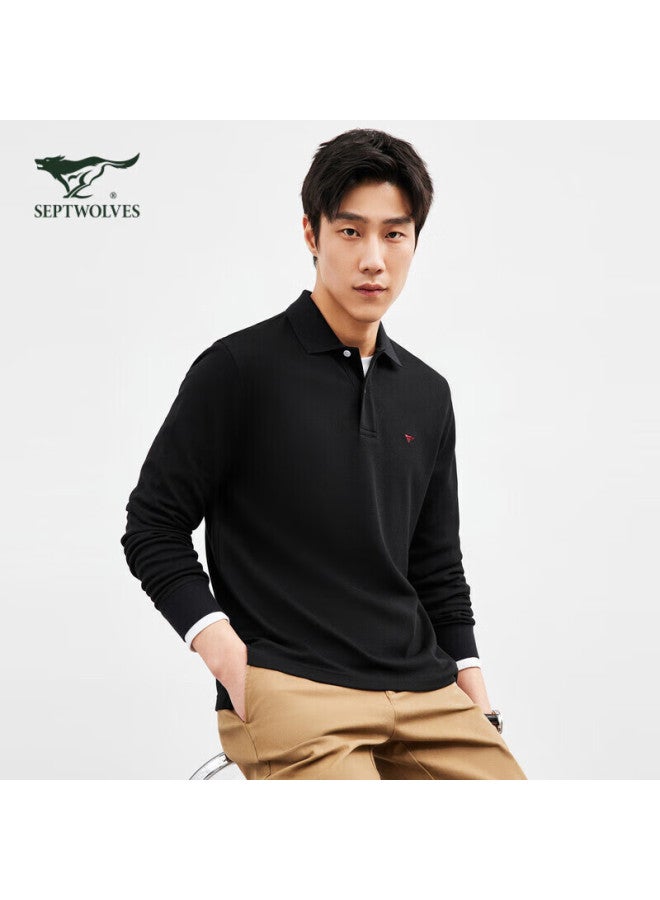 Septwolves Long-sleeve T-shirt For Men, Turn-down Collar, Pure Cotton, Solid Color, Multi-color, Small Wolf Logo, Business Casual, Breathable Polo Shirt, Men's Clothing - Image 1