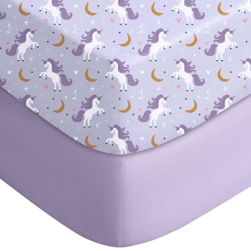 Yoofoss Pack and Play Sheets Fitted, Mini Crib Sheets 2-Pack for Pack N Play Mattress, Stretchy Playard Sheet, Soft and Breathable (Purple+Unicorn) - Image 1