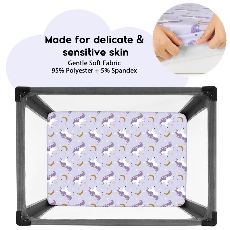 Yoofoss Pack and Play Sheets Fitted, Mini Crib Sheets 2-Pack for Pack N Play Mattress, Stretchy Playard Sheet, Soft and Breathable (Purple+Unicorn) - Image 2