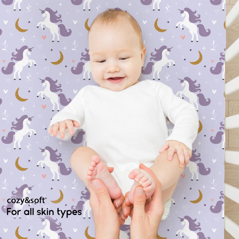 Yoofoss Pack and Play Sheets Fitted, Mini Crib Sheets 2-Pack for Pack N Play Mattress, Stretchy Playard Sheet, Soft and Breathable (Purple+Unicorn) - Image 4