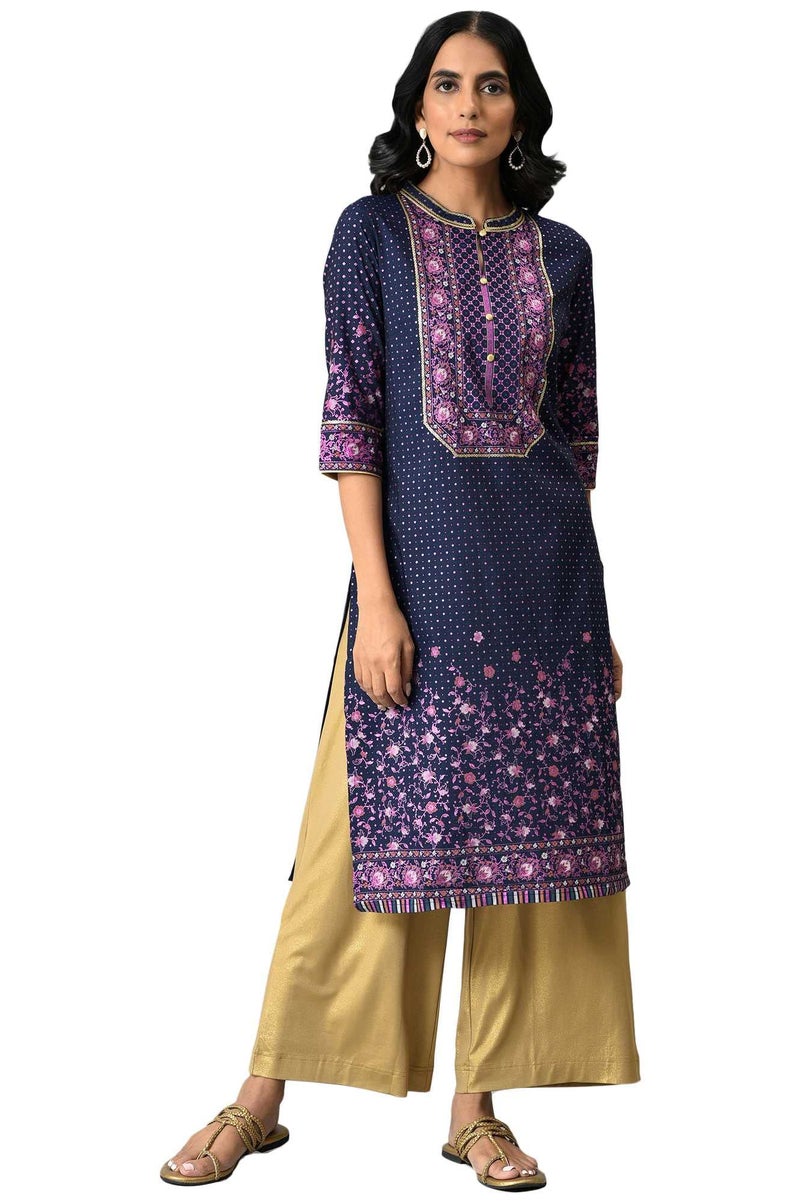 Aurelia Navy Floral Printed Sequined Ethnic Liva Kurta - Image 1