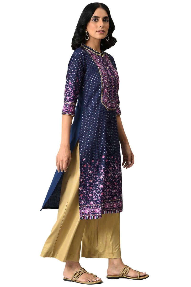 Aurelia Navy Floral Printed Sequined Ethnic Liva Kurta - Image 4