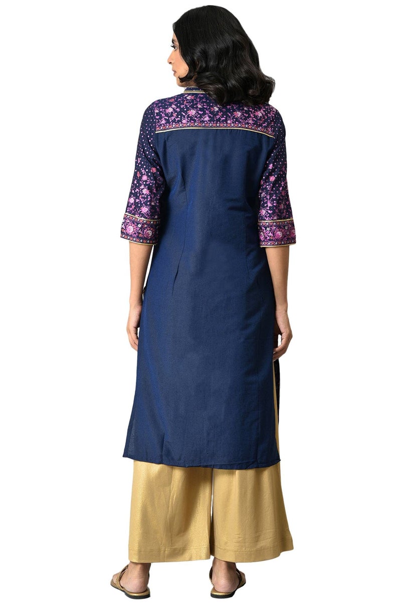 Aurelia Navy Floral Printed Sequined Ethnic Liva Kurta - Image 2