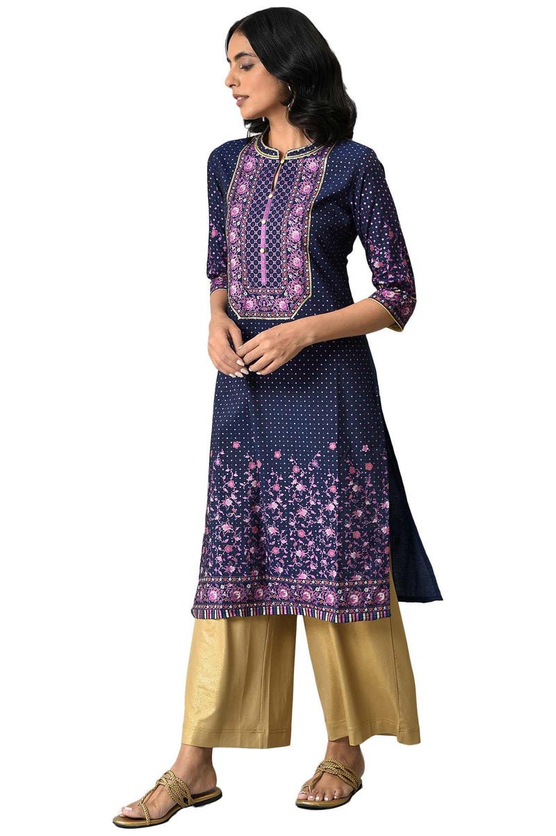 Aurelia Navy Floral Printed Sequined Ethnic Liva Kurta - Image 3