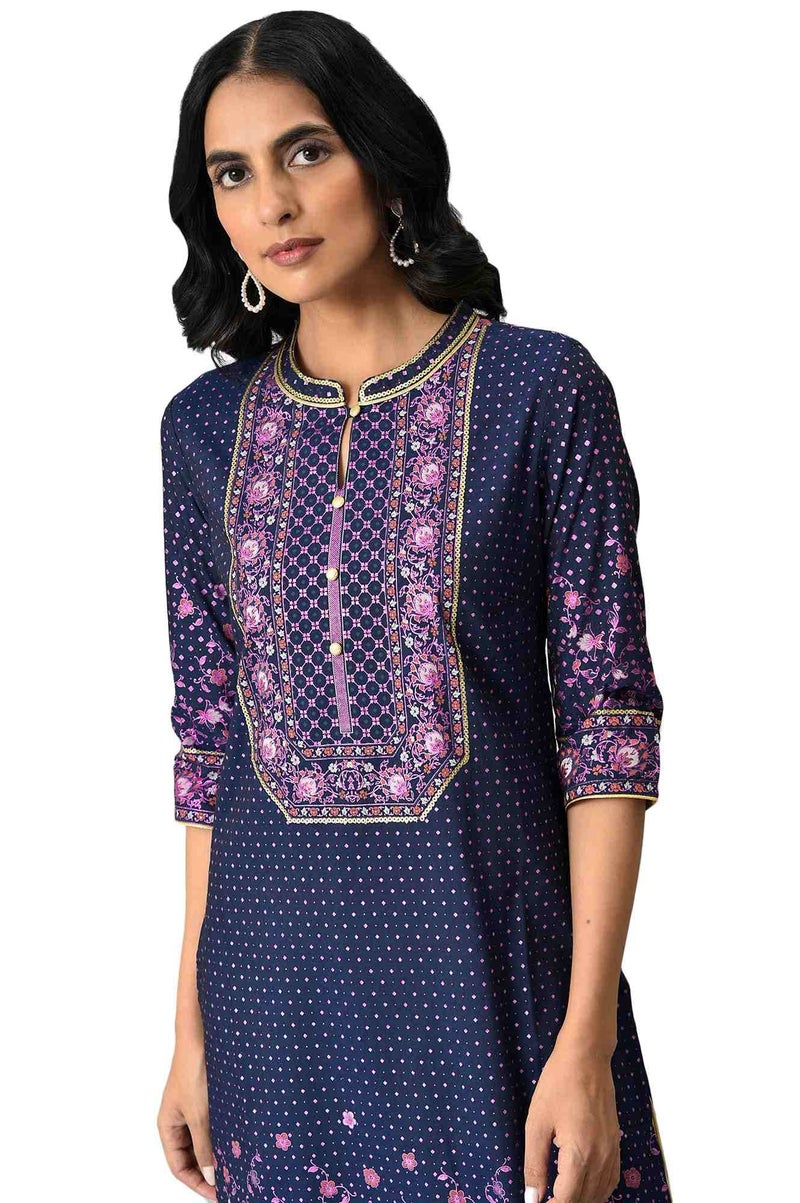Aurelia Navy Floral Printed Sequined Ethnic Liva Kurta - Image 5