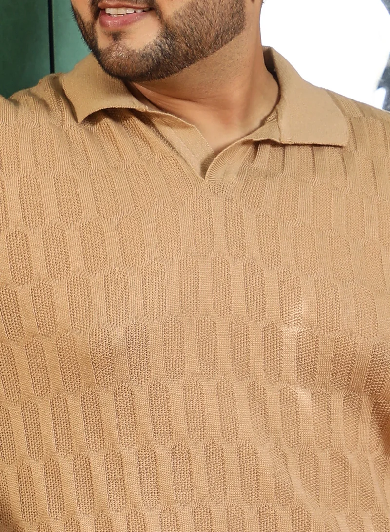 Instafab Plus Instafab Plus Men's Tan Brown Honeycomb-Textured Polo T-Shirt For Casual Wear | Polo Neck | Short Cuffed Sleeves | Pull On Closure | Plus Size T-Shirt Crafted With Comfort Fit For Everyday Wear