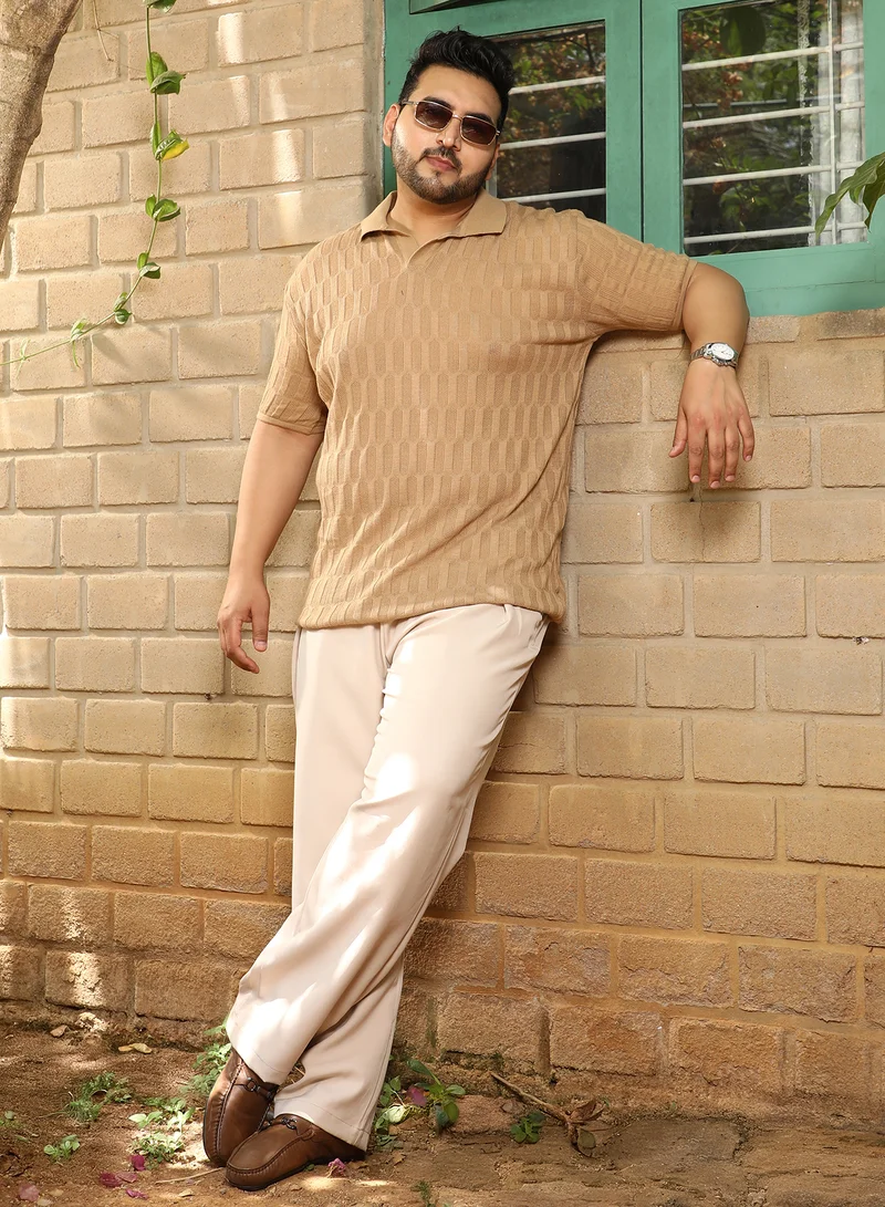 Instafab Plus Instafab Plus Men's Tan Brown Honeycomb-Textured Polo T-Shirt For Casual Wear | Polo Neck | Short Cuffed Sleeves | Pull On Closure | Plus Size T-Shirt Crafted With Comfort Fit For Everyday Wear