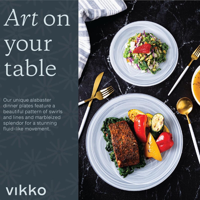 Vikko Dinner Plates Set of 6 White Alabaster Plates 11 Plate with Marbelized Swirl Design Elegant Glass Plate Dishwasher Safe - Image 5