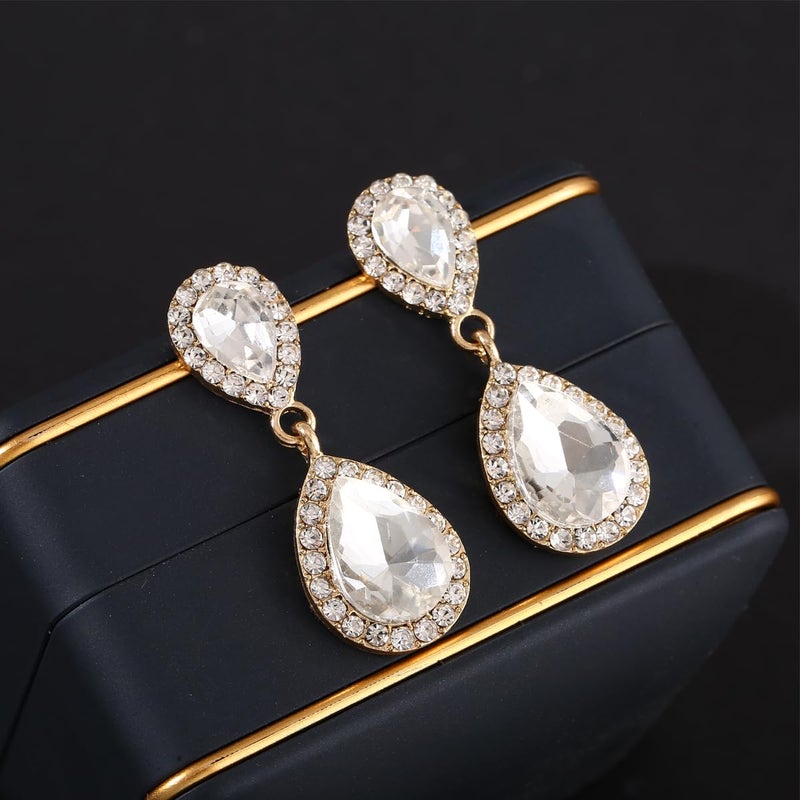 WanBigVa Teardrop Wedding Earrings for Brides Birdesmaids Vintage Clear Rhinestone Tear drop Dangle Earrings Dangling Drop Earrings Fancy White Crystal Chandelier Earrings for Women - Image 2