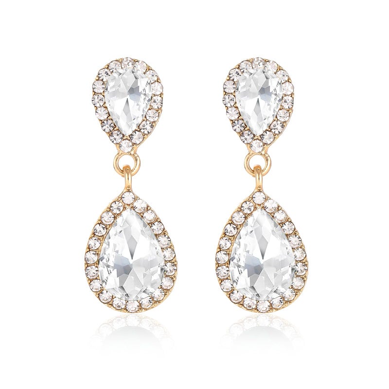 WanBigVa Teardrop Wedding Earrings for Brides Birdesmaids Vintage Clear Rhinestone Tear drop Dangle Earrings Dangling Drop Earrings Fancy White Crystal Chandelier Earrings for Women - Image 1