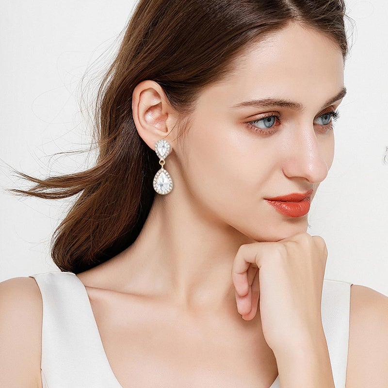 WanBigVa Teardrop Wedding Earrings for Brides Birdesmaids Vintage Clear Rhinestone Tear drop Dangle Earrings Dangling Drop Earrings Fancy White Crystal Chandelier Earrings for Women - Image 5