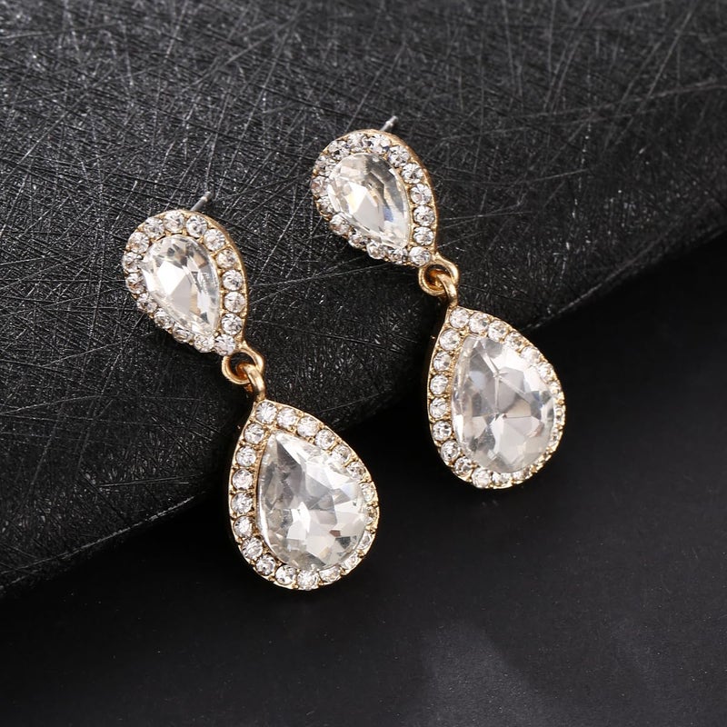 WanBigVa Teardrop Wedding Earrings for Brides Birdesmaids Vintage Clear Rhinestone Tear drop Dangle Earrings Dangling Drop Earrings Fancy White Crystal Chandelier Earrings for Women - Image 3