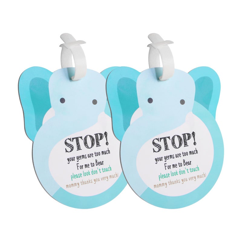 CORNERIA Elephant Baby Dont Touch Sign Car Seat Cover & Stroller Tag - 2 Set Vinyl Hard Board Baby Basket Tag with Hanging Straps - Image 1