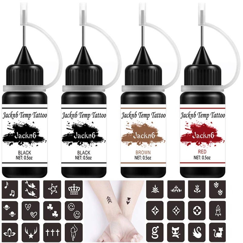 Jacknb Temporary Tattoo Kit Freehand Ink Semi Permanent Tattoo Jagua Gel 40 Pcs Free Tattoo Stencils DIY Tattoos Fake Freckles Temp Tattoos for Women Kids Men  Full Kit 4 Bottles