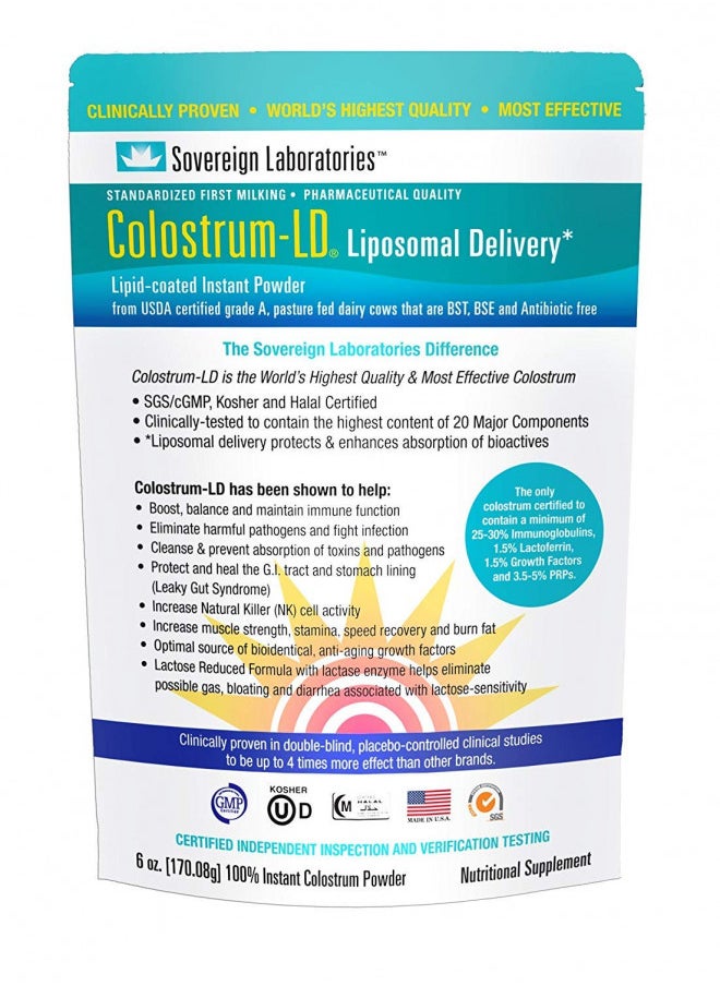 Sovereign Laboratories Organic Colostrum-LD Powder with Proprietary Liposomal Delivery (LD) Technology for up to 1500% Better Bioavailability Than Regular Bovine Colostrum (Plain, 6 Ounce)
