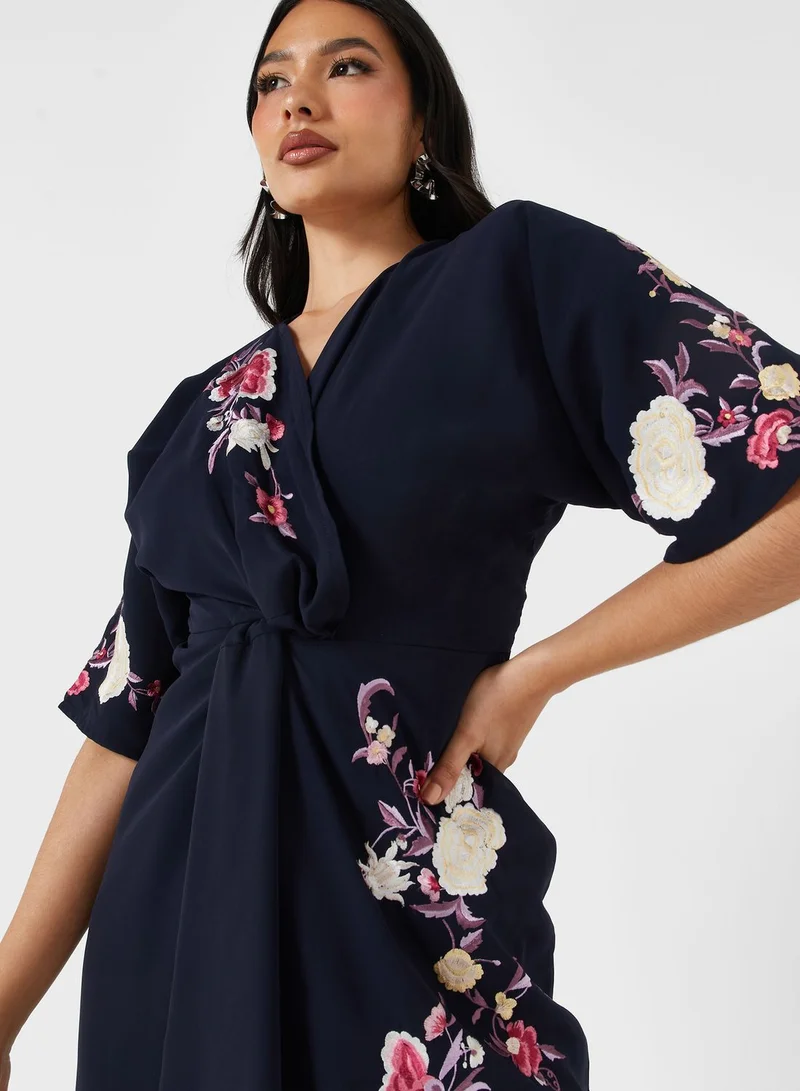 Hope & Ivy Embroidered Surplice Neck Dress