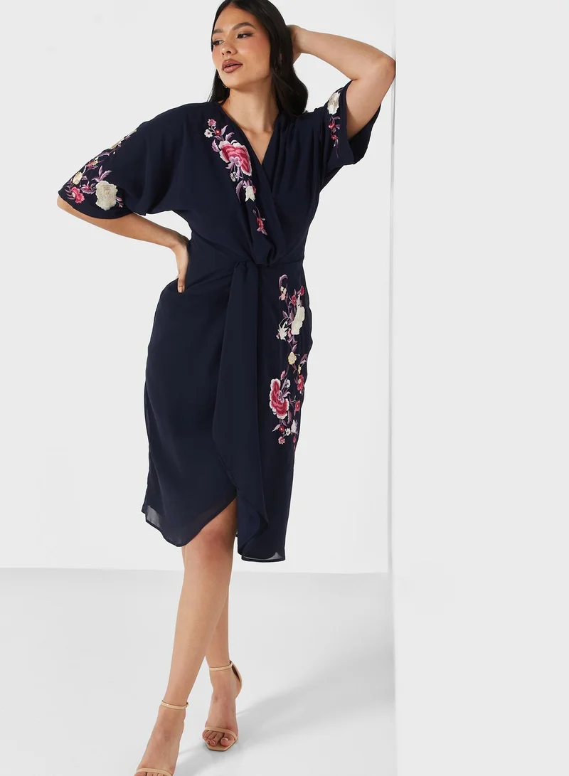 Hope & Ivy Embroidered Surplice Neck Dress