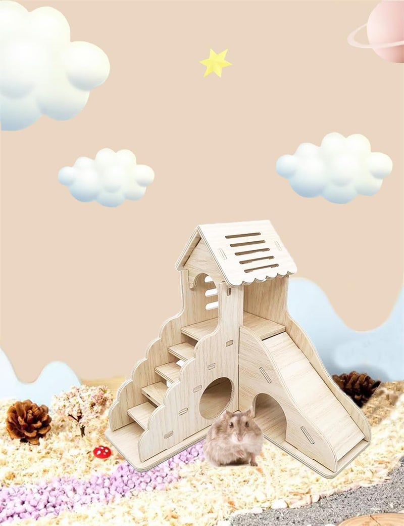 Luckam مخبأ الهامستر، بيت الهامستر وموطنه، كوخ خشبي مع سلم للتسلق وزلاجة لجرذان القزم والفئران وغيرها من الحيوانات الصغيرة - Image 5