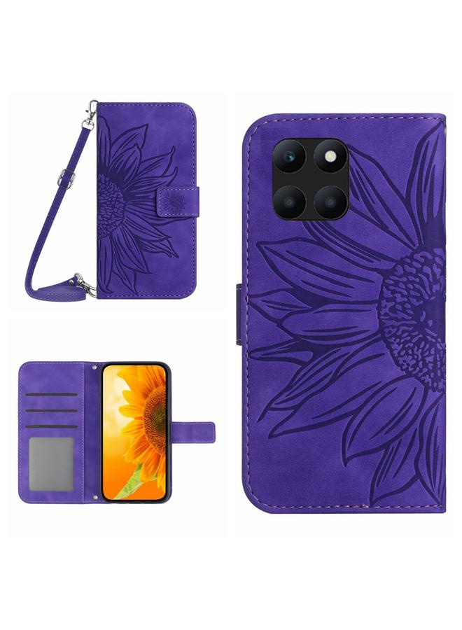 Green Tiger For Honor X8b Skin Feel Sun Flower Pattern Leather Phone Case with Lanyard(Dark Purple)