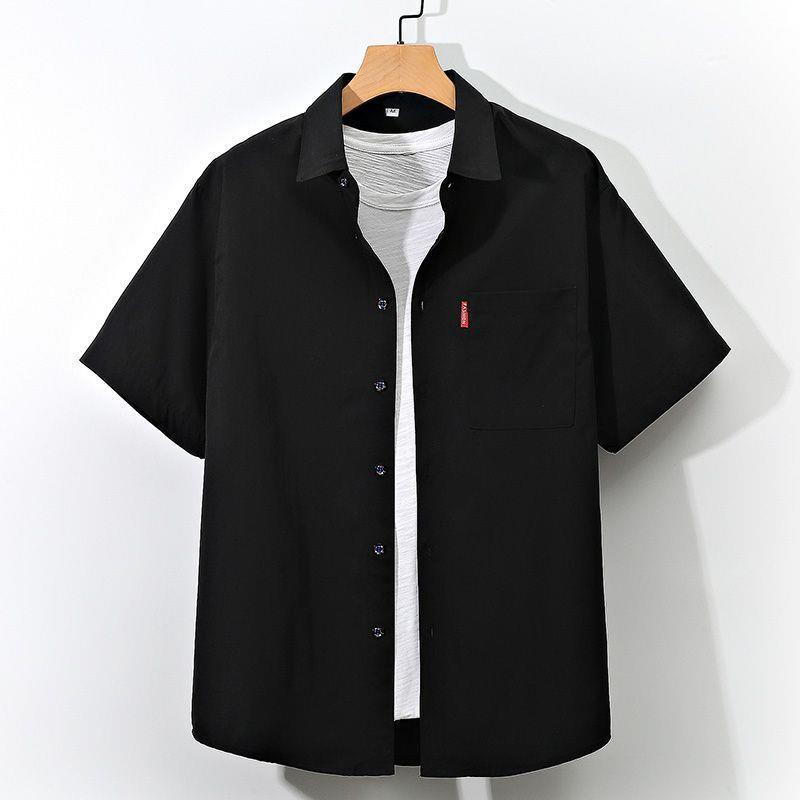 Fatty Japanese Tooling Short-sleeved Shirt Mens plus size Casual Clothes Solid Color Simple Shirt Summer Fatty Shirt White