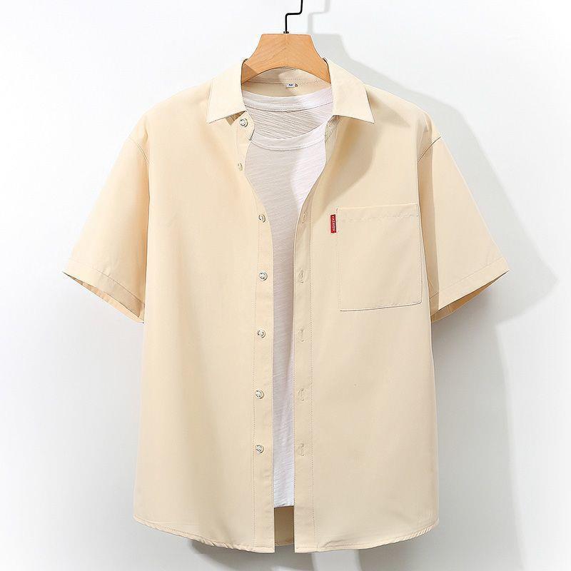 Fatty Japanese Tooling Short-sleeved Shirt Mens plus size Casual Clothes Solid Color Simple Shirt Summer Fatty Shirt White