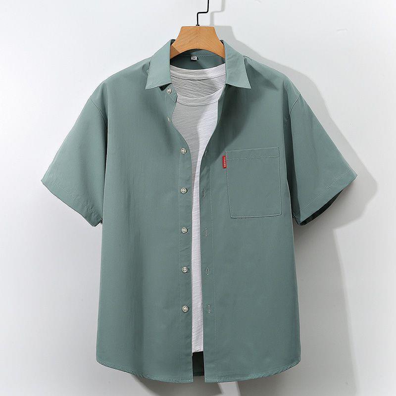 Fatty Japanese Tooling Short-sleeved Shirt Mens plus size Casual Clothes Solid Color Simple Shirt Summer Fatty Shirt White