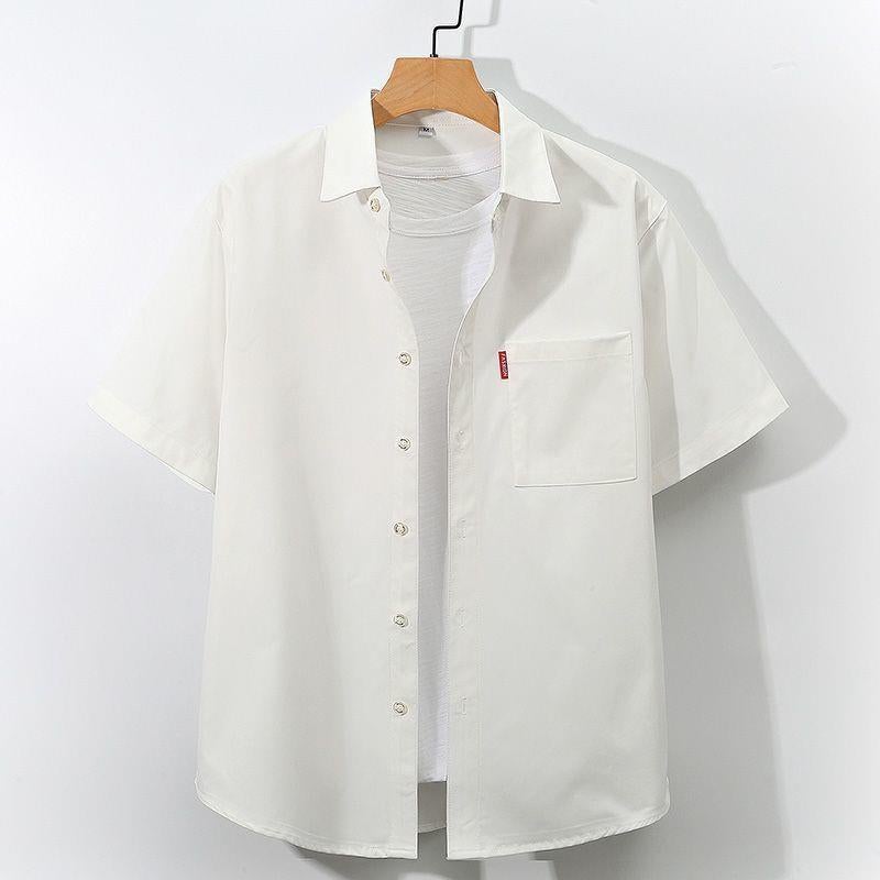 Fatty Japanese Tooling Short-sleeved Shirt Mens plus size Casual Clothes Solid Color Simple Shirt Summer Fatty Shirt White