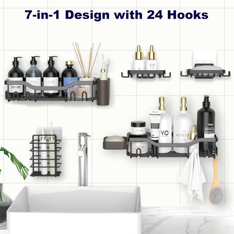 NESOMI Shower Caddy Adhesive Shower Shelves, Bathroom Organizer Shower Organizer Rack Black, Wall Shelf for Inside Shower Storage with Soap Holder and 16 Hooks Rustproof Stainless Steel, 2 Pack Large - Image 4