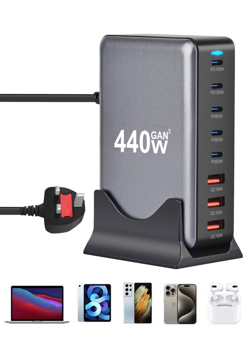 جورفنت محطة شحن 440 واط GaN، 5 منافذ Type-C (2x100 واط، 3x65 واط) و 3 منافذ USB (QC 18 واط) شاحن جداري سريع مع كابل طاقة بطول 1.5 متر باللون الأسود، للهواتف، الكمبيوترات، والكاميرات - Image 1