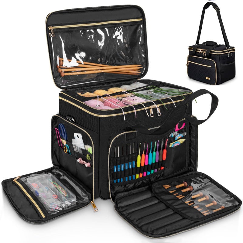 FREEAMG Knitting Bag Yarn Storage Tote, Large Crochet Organizer Bag, Yarn Holder Case for Knitting Needles, Knitting Project Bag with Inner Divider for Knitting Accessories, Crochet Hooks, Black - Image 1