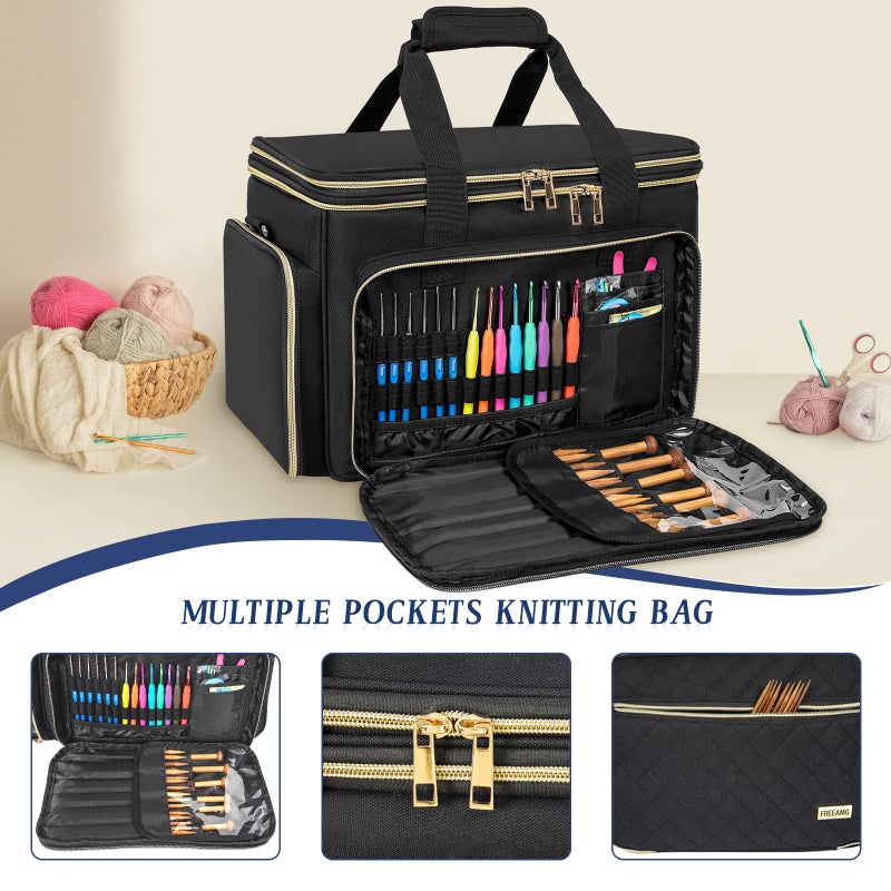 FREEAMG Knitting Bag Yarn Storage Tote, Large Crochet Organizer Bag, Yarn Holder Case for Knitting Needles, Knitting Project Bag with Inner Divider for Knitting Accessories, Crochet Hooks, Black - Image 4