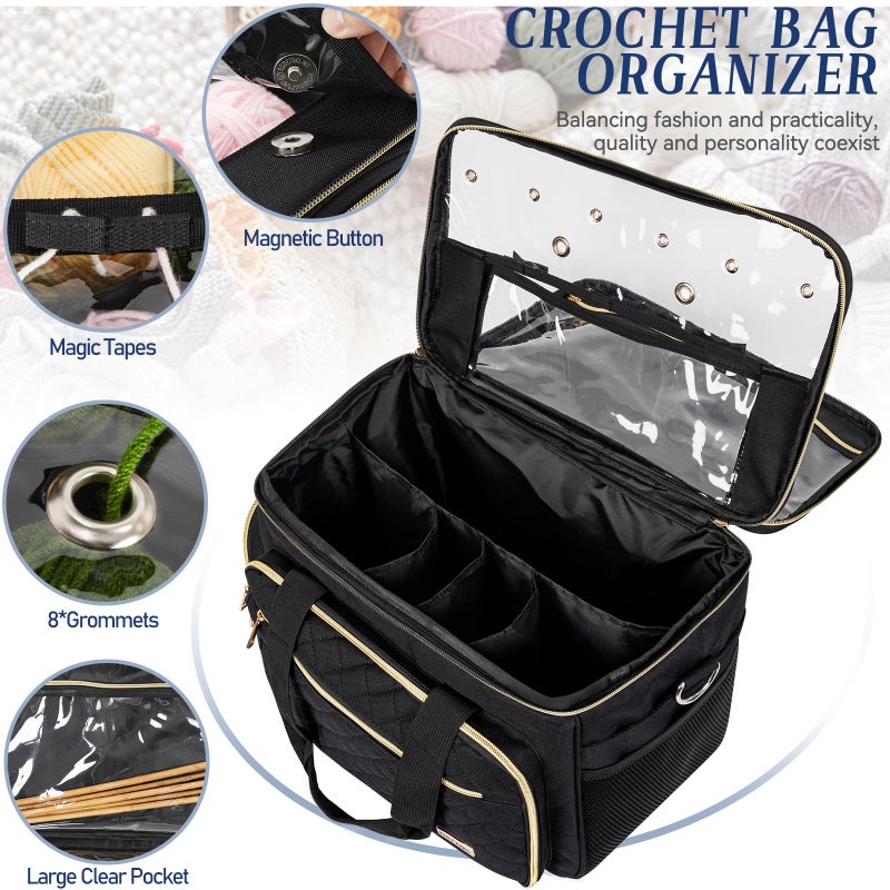 FREEAMG Knitting Bag Yarn Storage Tote, Large Crochet Organizer Bag, Yarn Holder Case for Knitting Needles, Knitting Project Bag with Inner Divider for Knitting Accessories, Crochet Hooks, Black - Image 3