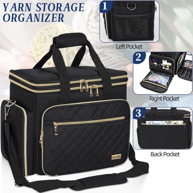 FREEAMG Knitting Bag Yarn Storage Tote, Large Crochet Organizer Bag, Yarn Holder Case for Knitting Needles, Knitting Project Bag with Inner Divider for Knitting Accessories, Crochet Hooks, Black - Image 5